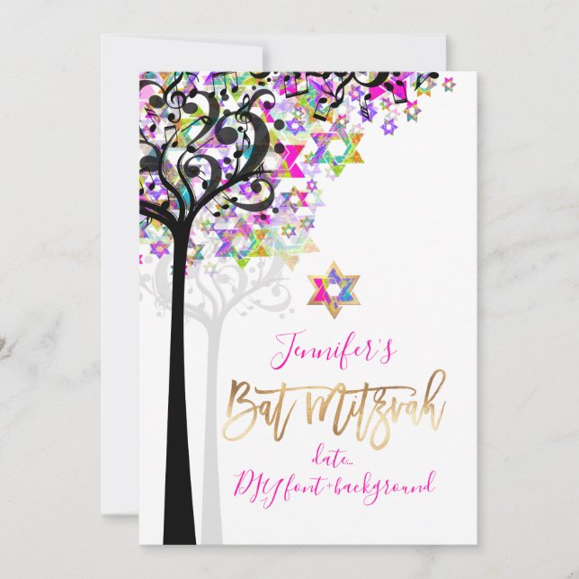 Convites PixDezines TREE OF LIFE MÚSICA NOTES MITZVAH PINK (Frente)
