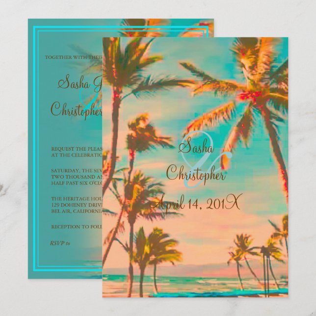Convites PixDezines VINTAGE HAWAIIAN BEACH/TEAL (Frente/Verso)