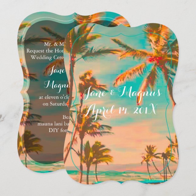Convites PixDezines vintage hawaiian Beach/teal (Frente/Verso)