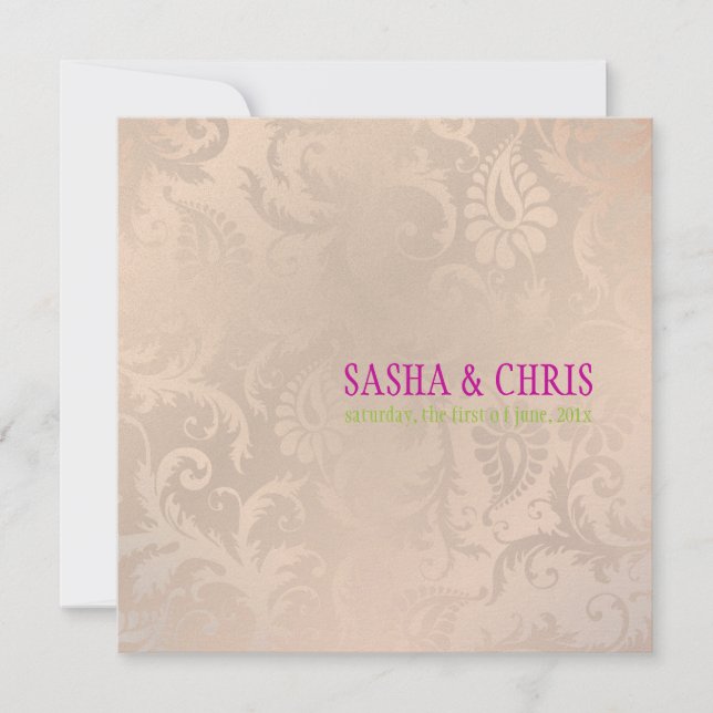 Convites PixDezines vintage pavo damask/champanhe rosa (Frente)