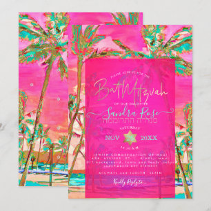 Convites PixDezines Watercolor Beach Bat Mitzvah, rosa quen