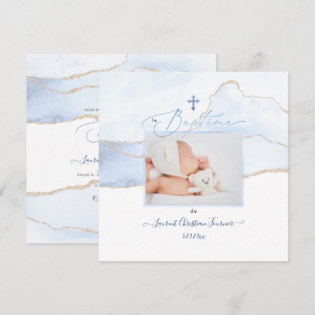Convites PixDezines Watercolor Bleue Agate, Baptême garçon (Frente/Verso)
