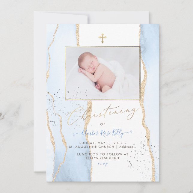 Convites PixDezines Watercolor Blue Agate Christening (Frente)