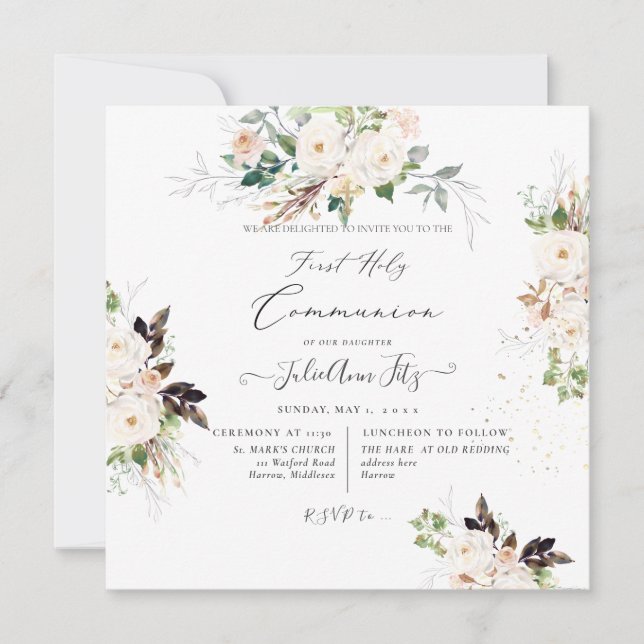 Convites PixDezines Watercolor Blush+Cream Roses Communion  (Frente)