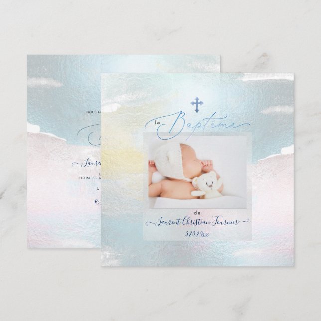 Convites PixDezines Watercolor Brush Stroke, Baptême garçon (Frente/Verso)