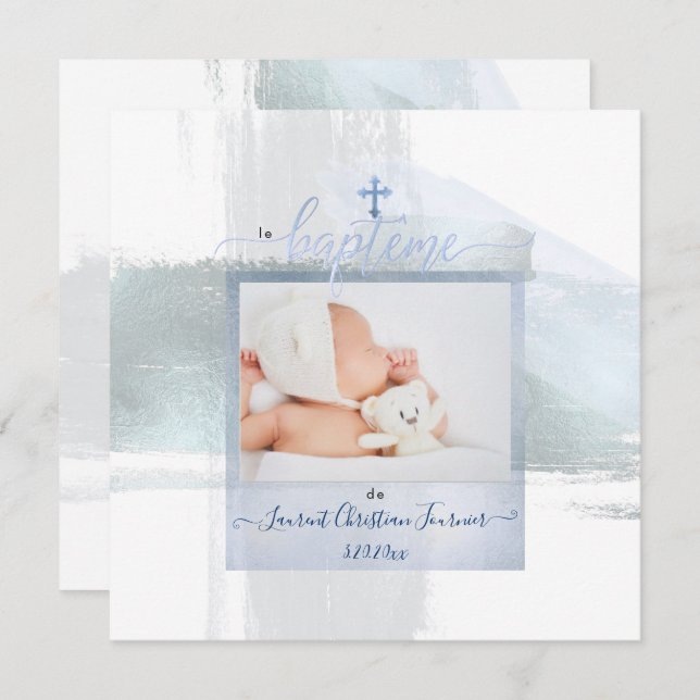 Convites PixDezines Watercolor Brush Stroke, Baptême garçon (Frente/Verso)