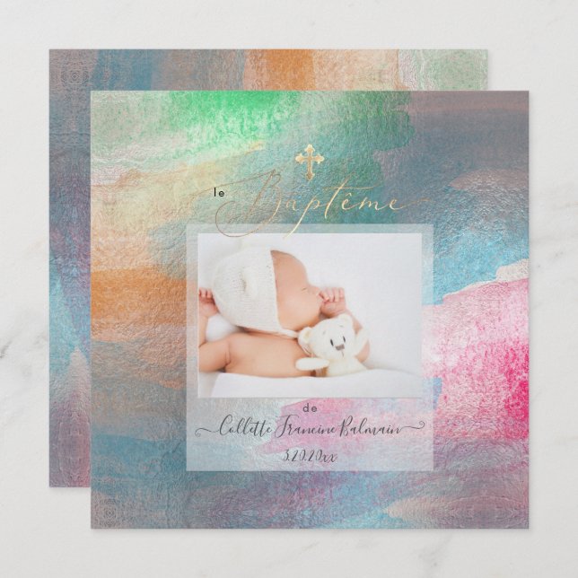 Convites PixDezines Watercolor Brushing Baptême File (Frente/Verso)