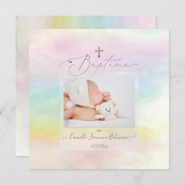 Convites PixDezines Watercolor Cotton Candy, Arquivo Baptêm (Frente/Verso)