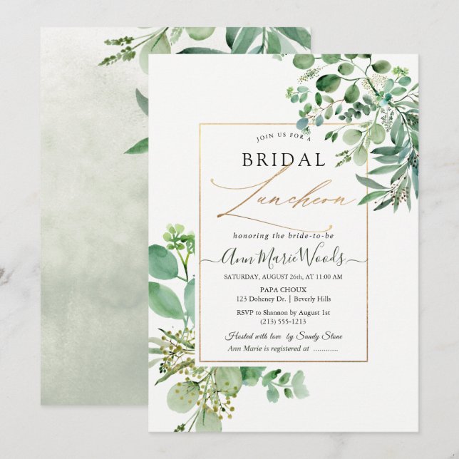 Convites PixDezines Watercolor Eucalyptus Bridal Luncheon (Frente/Verso)