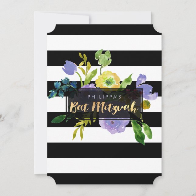 Convites PixDezines Watercolor/Floral/Stripes Bat Mitzvah (Frente)