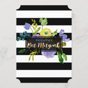 Convites PixDezines Watercolor/Floral/Stripes Bat Mitzvah