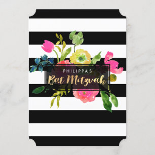 Convites PixDezines watercolor/floral/stripes bat mitzvah
