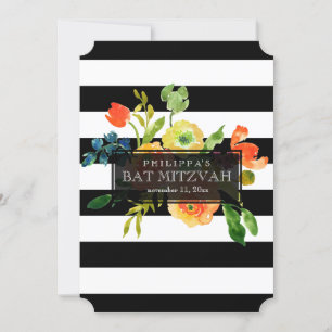 Convites PixDezines Watercolor/Floral/Stripes Bat Mitzvah
