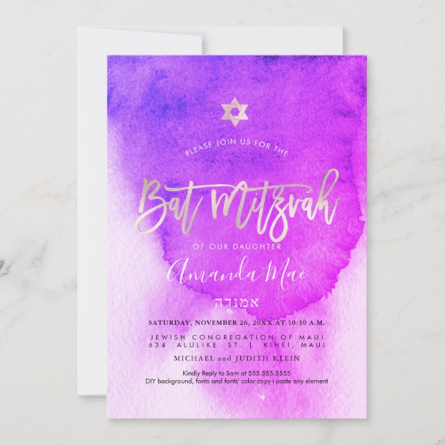 Convites PixDezines Watercolor Pink+Platinum Bat Mitzvah (Frente)