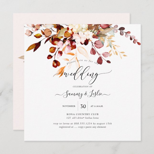 Convites PixDezines Watercolor Rust Orange Gum Eucalyptus (Frente/Verso)