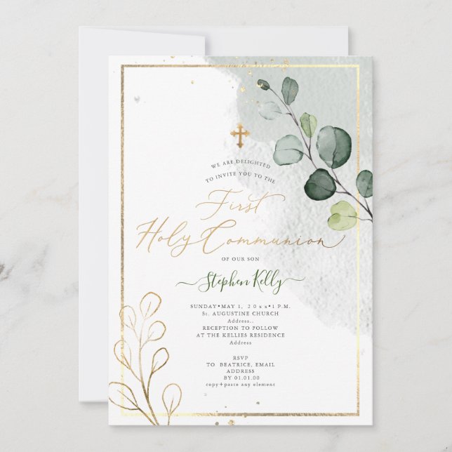Convites PixDezines Watercolor Rustic Eucalyptus Communion (Frente)