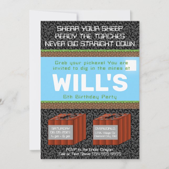 Convites Pixel Block Gaming Birthday Invitation (Frente)