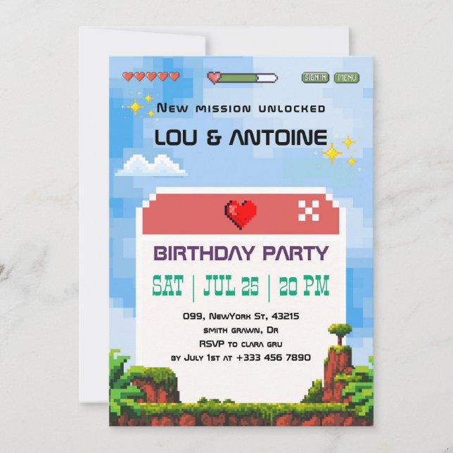Convites Pixel Gamer Birthday Invitation (Frente)
