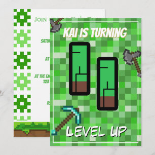 Convites Pixelated Gamer Verde Aniversário de 11 anos
