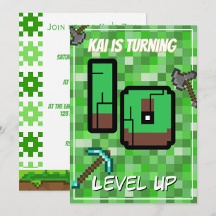 Convites Pixelated Gamer Verde Subiu de Level 10º Aniversár