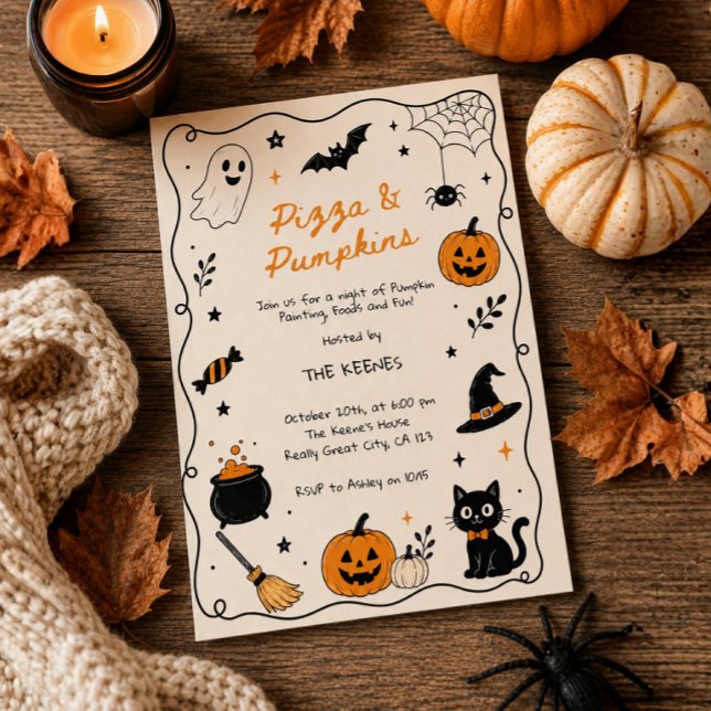 Convites Pizza & Abóboras Pintura à Mão no Halloween  (Pumpkin Painting Party Invitation, Hand Drawn Scribble Halloween Invite, Pizza & Pumpkins Party,)