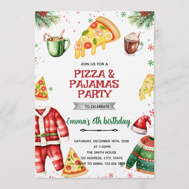 Convites Pizza and Pajamas Christmas Invitation (Frente)