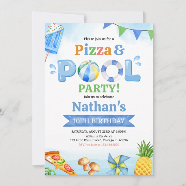 Convites  Pizza and Pool Birthday Party (Frente)