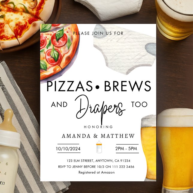 Convites Pizza, Brejas e Fraldas, Chá de fraldas de Casais  (Pizza Brews Diapers Casual Couples Baby Shower Invitation)