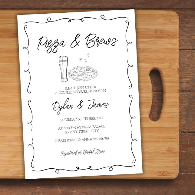 Convites Pizza & Brews Casais Desenhados à Mão (Pizza & Brews Whimsical Hand Drawn Couples Shower Invitation)