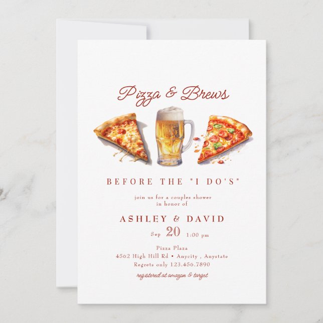 Convites Pizza & Cerveja | Chuveiro de Casais Aquarela (Frente)