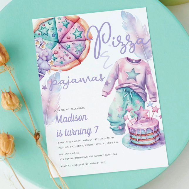 Convites Pizza de aniversário e pijama para menina de sono (Criador carregado)