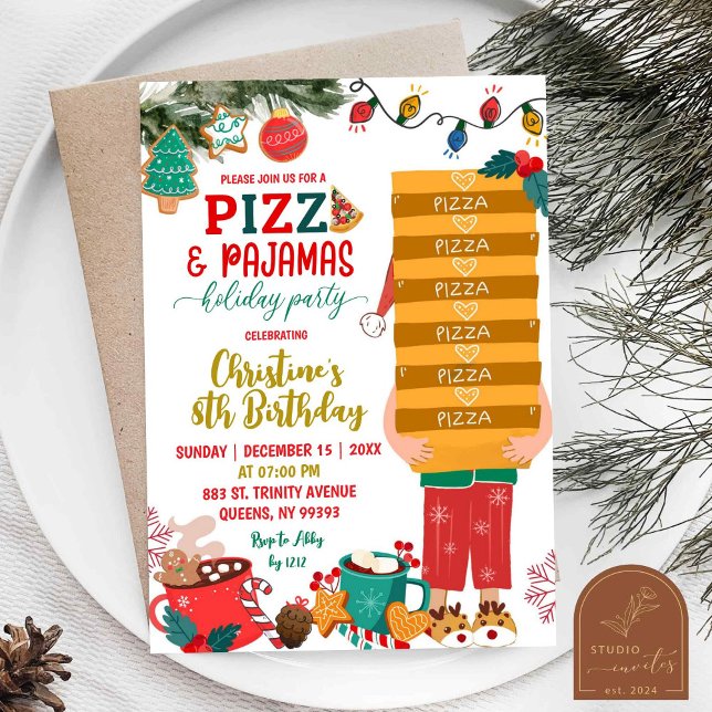 Convites Pizza de Natal e Pijamas Festa de Aniversário de F (Criador carregado)