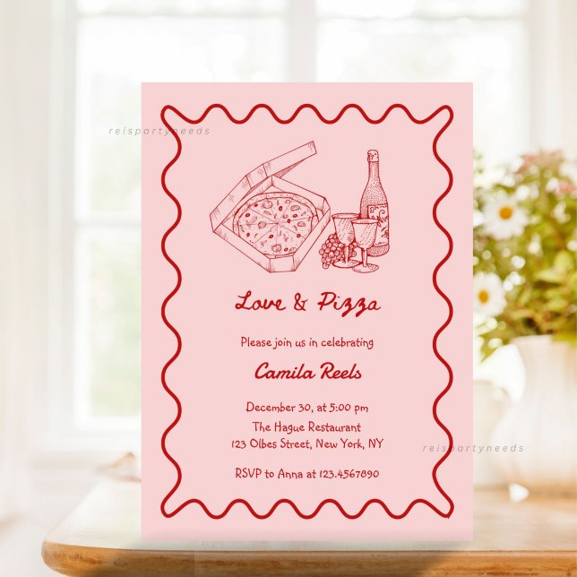 Convites Pizza Desenhada À Mão E Chá de panela De Vinho (whimsical, hand drawn, hand written, hand illustrated, bridal shower invitation, pizza bridal shower)