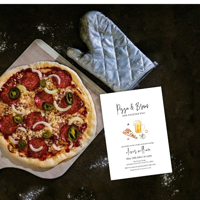Convites Pizza e Cervejas de Fatia Rústica e Chá de fraldas (Rustic Slice Pizza & Beers & Pacifier Baby Shower Invitation)
