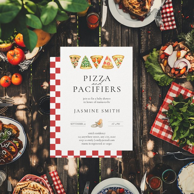 Convites Pizza e Chá de fraldas de Pacificadores (Pizza and Pacifiers Casual Baby Shower Invitation)