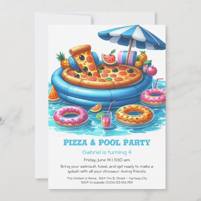 Convites Pizza e Festa de aniversário de Piscina - Diversão (Frente)