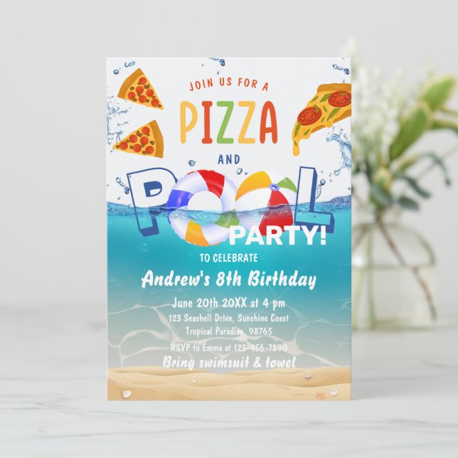 Convites Pizza e Piscina Festa de Verão Água Aniversário (Em pé/Frente)
