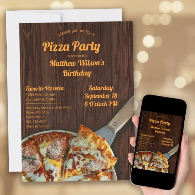Convites Pizza Party Birthday Rustic Wood Invation (Pizza Party Birthday Invitations with a rustic wood background for a child, teen, or adult birthday.)