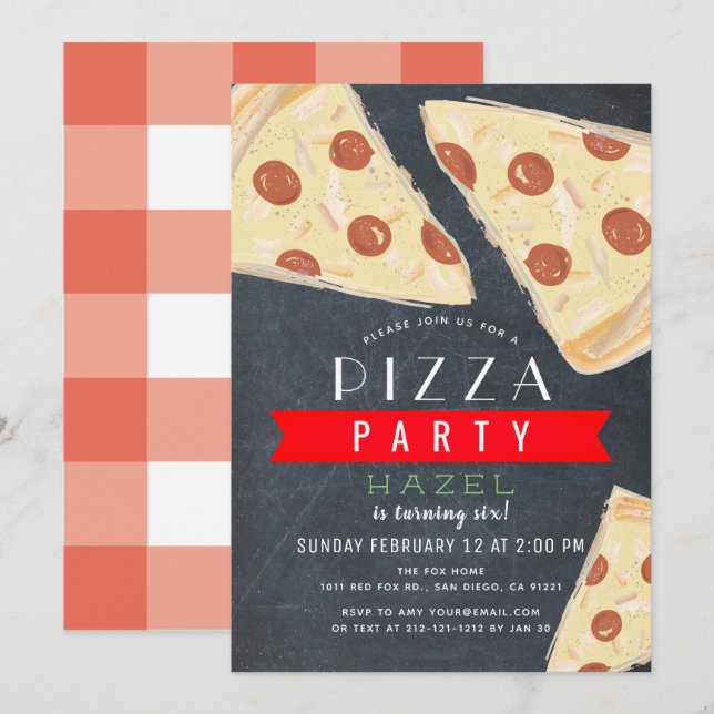 Convites Pizza Party Chalkboard Red Gingham Birthday (Frente/Verso)