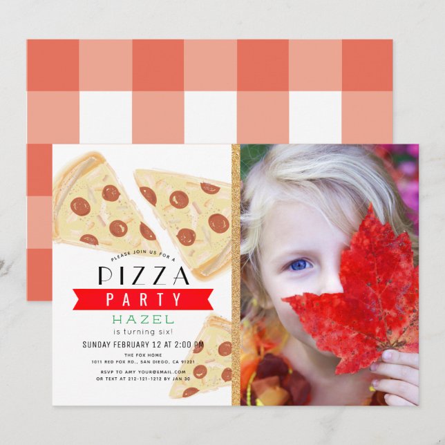 Convites Pizza Party Red Gingham Photo Birthday (Frente/Verso)