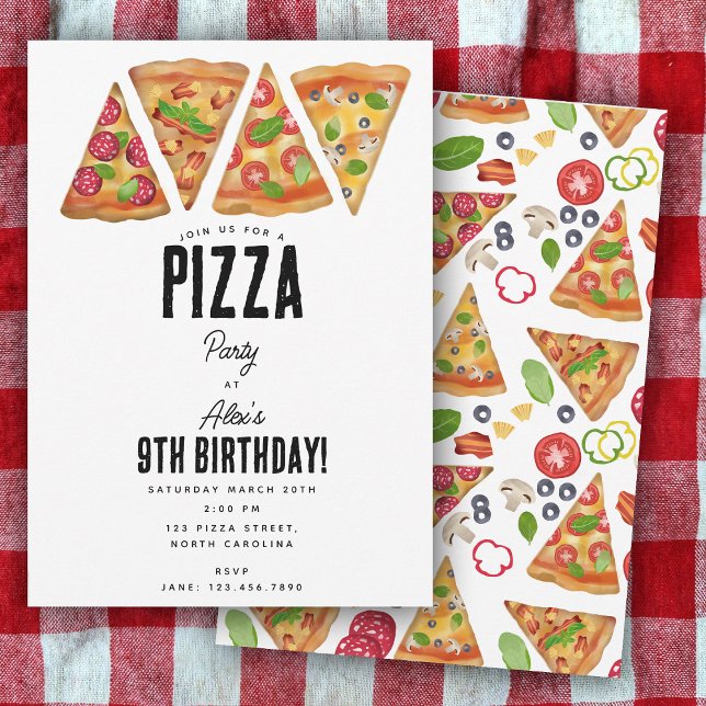 Convites Pizza Party Theme Watercolor Birthday Kids (Pizza Party Theme Watercolor Birthday Kids Invitation)