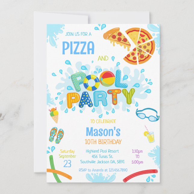 Convites Pizza Pool Party Birthday Invitation (Frente)