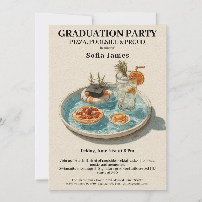 Convites Pizza, Poolside, Pool Party | graduation party (Frente)