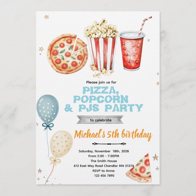 Convites Pizza popcorn and pajamas party invitation (Frente)