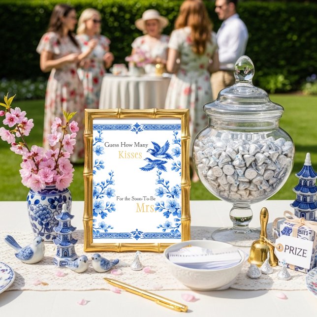 Convites Placa Azul Elegante Quantos Beijos (Blue Elegant Guess How Many Kisses sign)