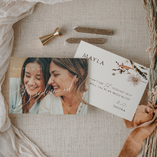 Convites Placa Bridesmaid de Foto Desbotada Boho Autumn Bei