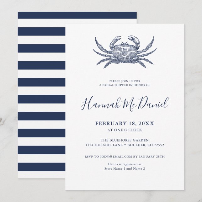 Convites Placa Chá de panela de caranguejo Marinho náutico (Frente/Verso)