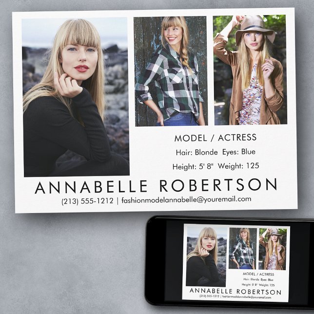 Convites Placa Comp do Ator 3 Fotografias de Modelo Moderno (Customize to change background color, text size, style or to add more photos to back of card.)