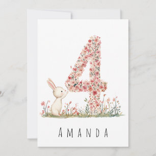 Convites Placa de Aniversário Floral White Bunny 4th