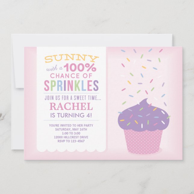Convites Placa de aniversário Sprinkles de Cupcake rosa (Frente)